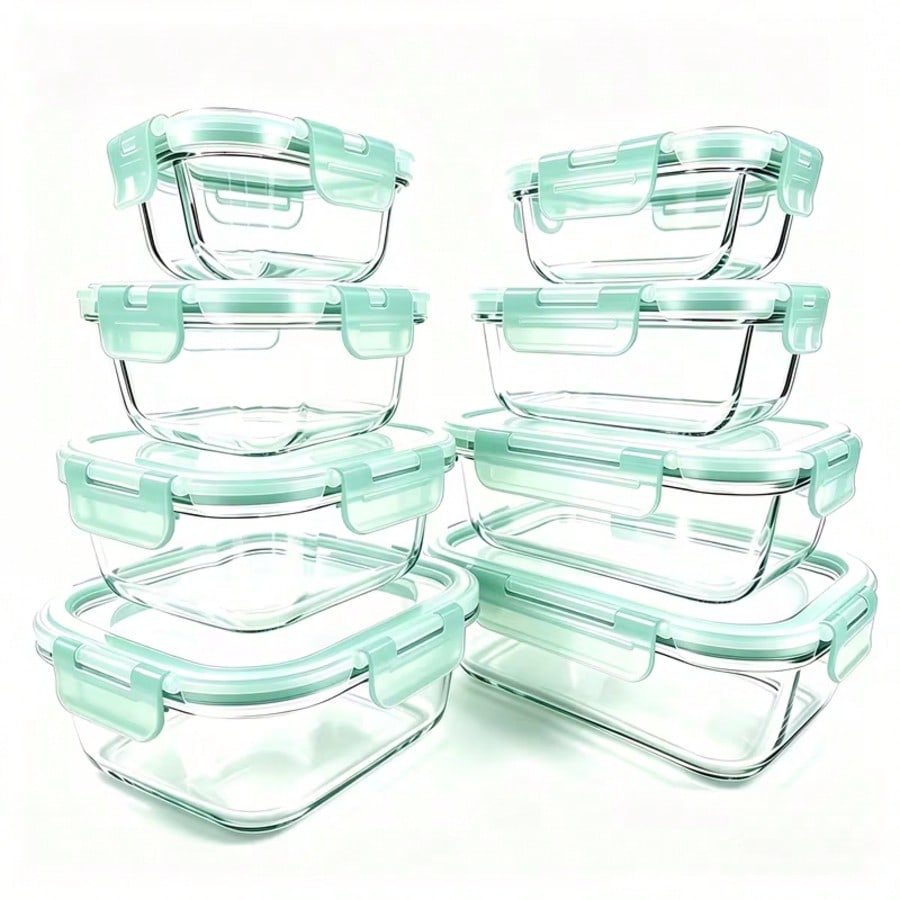 Bento Box - 密閉式のガラス製食品保存容器20個入り（蓋8個＋容器8個＋クリーニングパッド4個）。5オンスから35オンスまでの様々なサイズがあり、サラダ、果物、野菜、サンドイッチの保存に最適。気密性の高い弁当箱で、液漏れを防ぐロック機構付き。電子レンジ対応。
