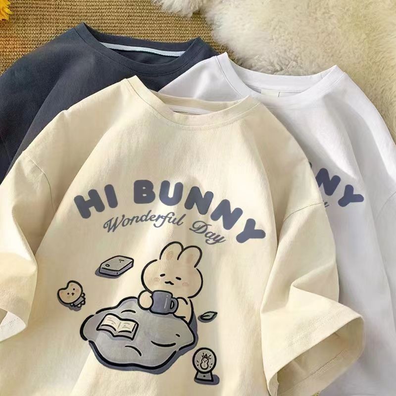Japanese Tea - 夏日本のかわいいお茶を飲むウサギプリント半袖Tシャツレディースとボーイズ同じルーズカジュアル大きいサイズトップ