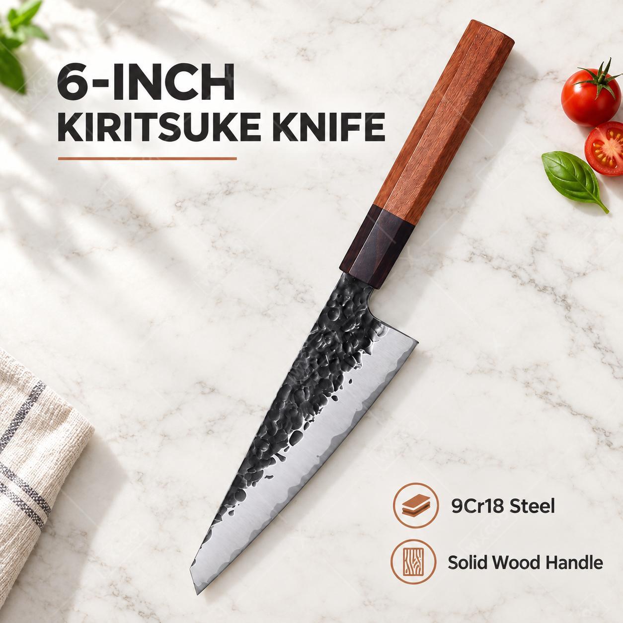 Japanese Knife - WXCOO 手鍛え 日本刀風シェフナイフ 6インチ キリツケナイフ。肉、魚、野菜のスライスに最適。9CR18鋼、木製ハンドル。