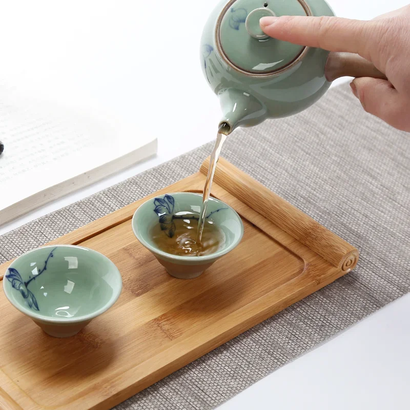 Japanese Pottery - 手描きのオープンスライスアイスクラックラフ陶器カップ1個、日本のマスターグリーン釉薬蓮花茶杯、カンフーティーセット